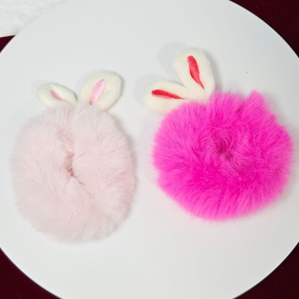 Fluffy Bunny Ear Hair Ties Pink Barbiecore Faux Fur Rabbit Set 2pc Scrunchies